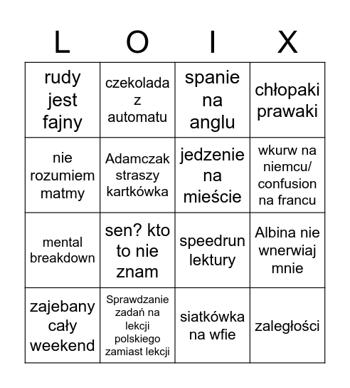 Tydzień z Życia 3F4 Bingo Card