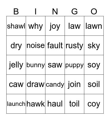 oi, oy, aw, au, and y words Bingo Card