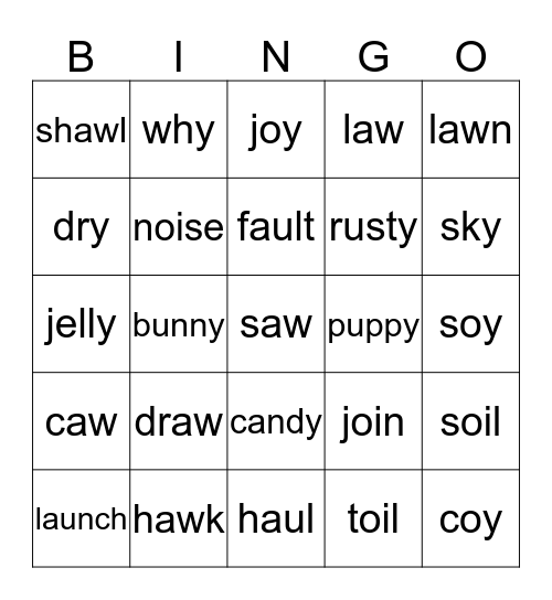 oi, oy, aw, au, and y words Bingo Card