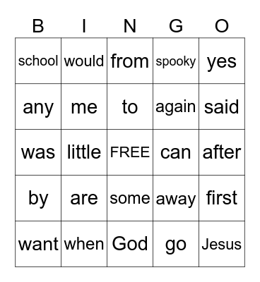Sight Word Bingo Card