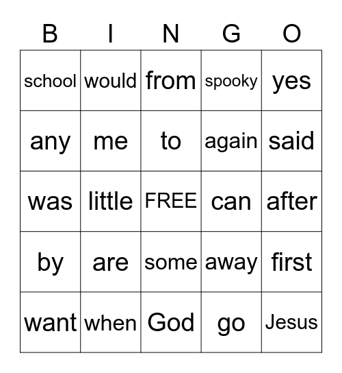 Sight Word Bingo Card
