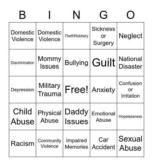 Trauma Bingo Card