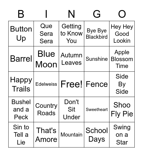 Fall Music Bingo Card