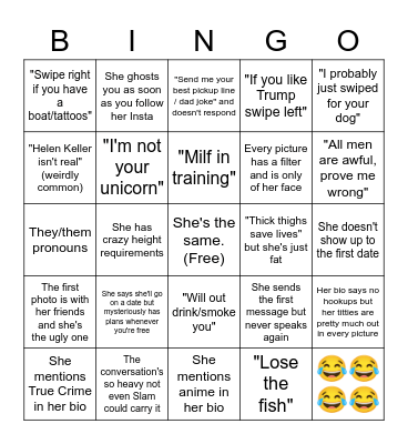 Tinder Girl Bingo Card