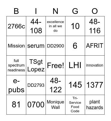 Ellington Field/PH Bingo Card