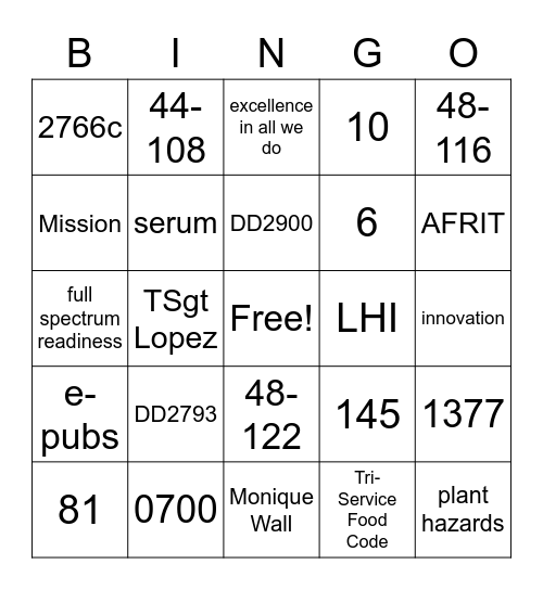 Ellington Field/PH Bingo Card