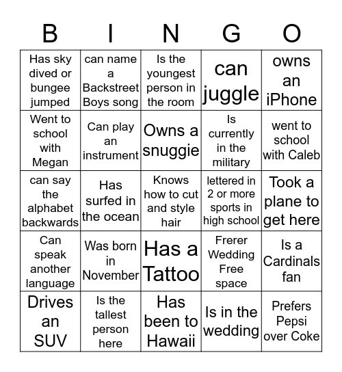 Frerer Wedding Bingo Card