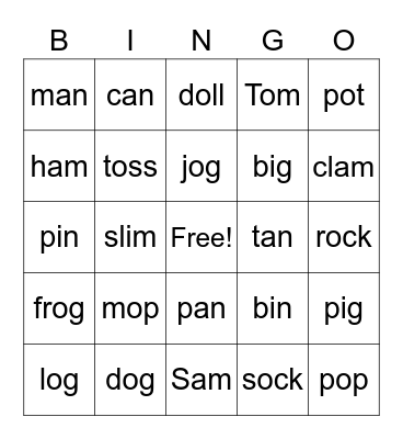 short vowel Bingo Card