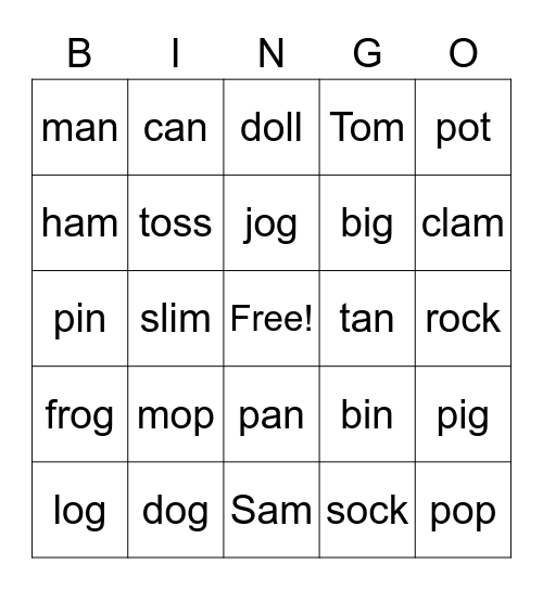 short vowel Bingo Card
