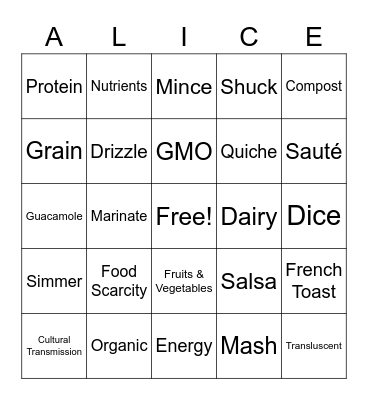 4-H Nutrition Club Bingo Card