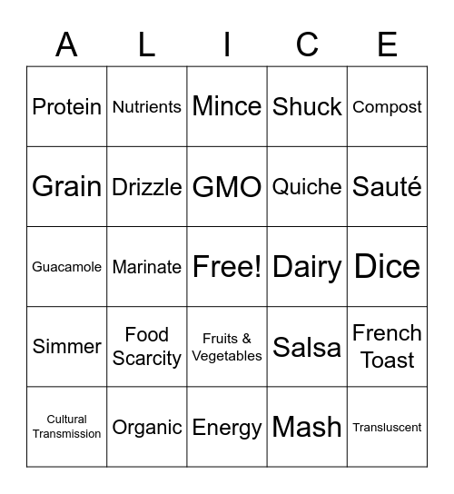 4-H Nutrition Club Bingo Card