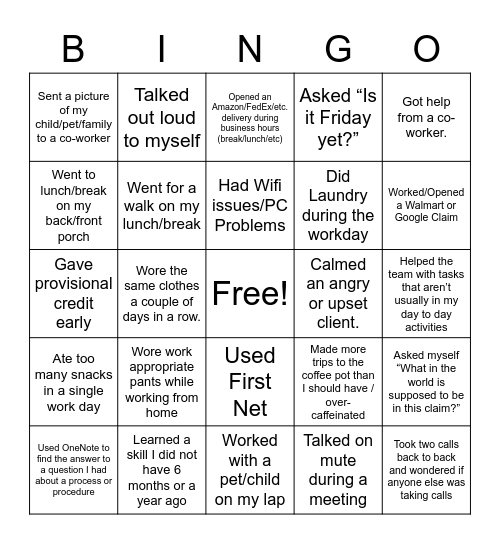 Card Claim Center Bingo Card