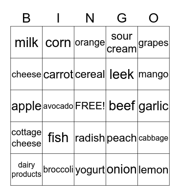 Healthy Food Bingo Card