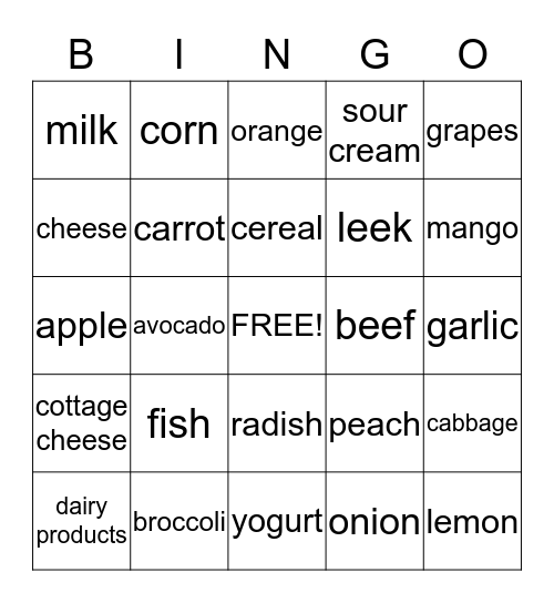 Healthy Food Bingo Card