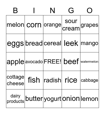 Healthy Food Bingo Card