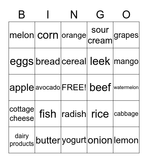 Healthy Food Bingo Card