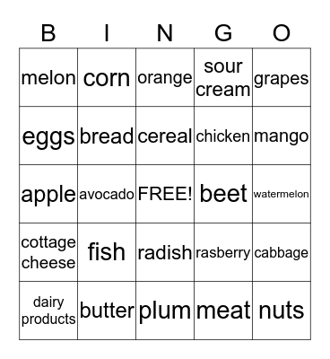 Healthy Food Bingo Card