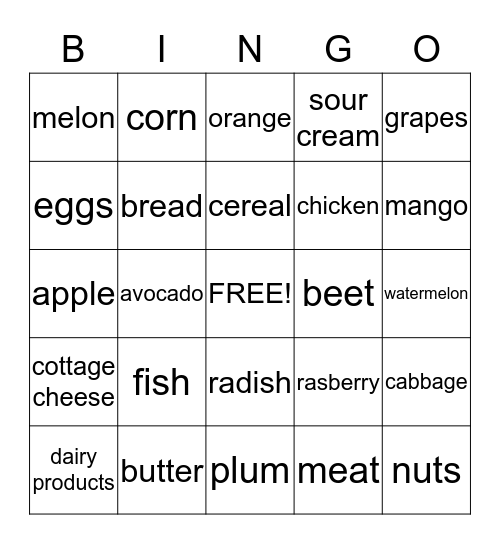 Healthy Food Bingo Card