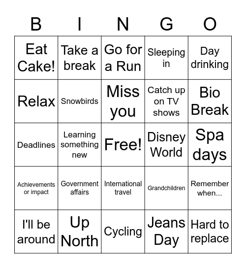 Deb's Retirement Bingo Card