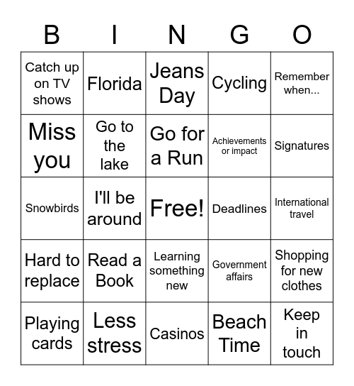 Deb's Retirement Bingo Card