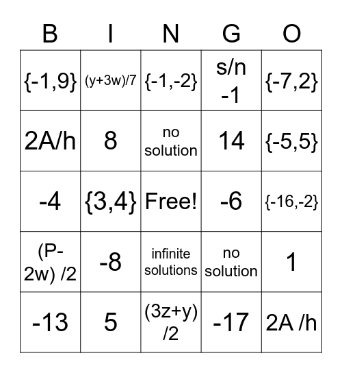 Solving Equations BINGO Card
