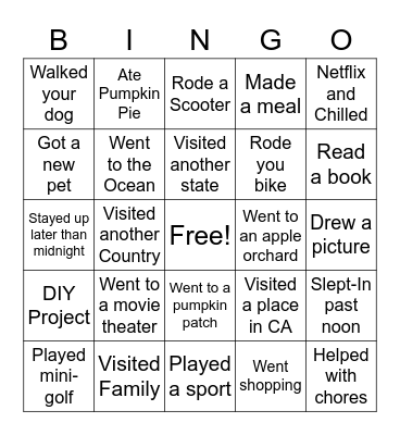 Fall Break Bingo Card
