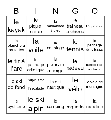 9.1 - En Plein Air (Les activités) Bingo Card