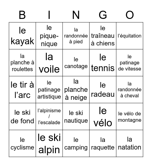 9.1 - En Plein Air (Les activités) Bingo Card