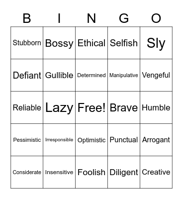 Bingo Baker Character Traits Part 1 Bingo Card
