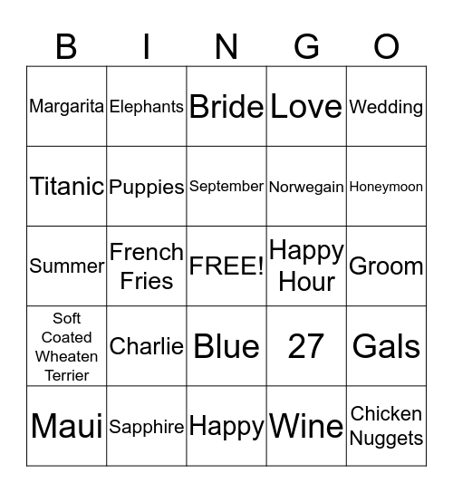 Bride Bingo Card