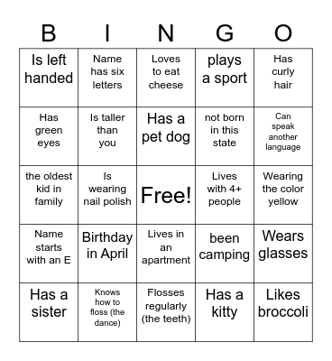 Getting to know you Bingo Card