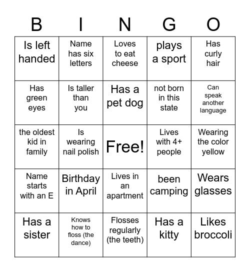 Getting to know you Bingo Card