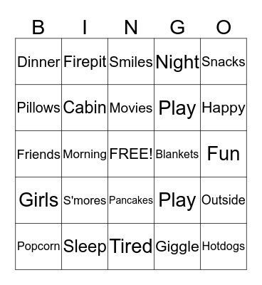 Cabin Sleepover Bingo Card