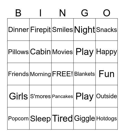 Cabin Sleepover Bingo Card