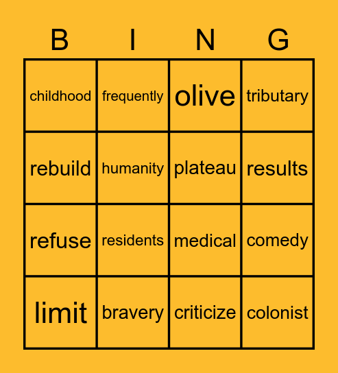 National Reading Vocabulary - Week 7 Bingo Card