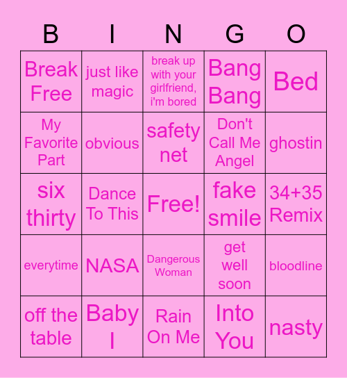 Ariana Grande Music Bingo Card