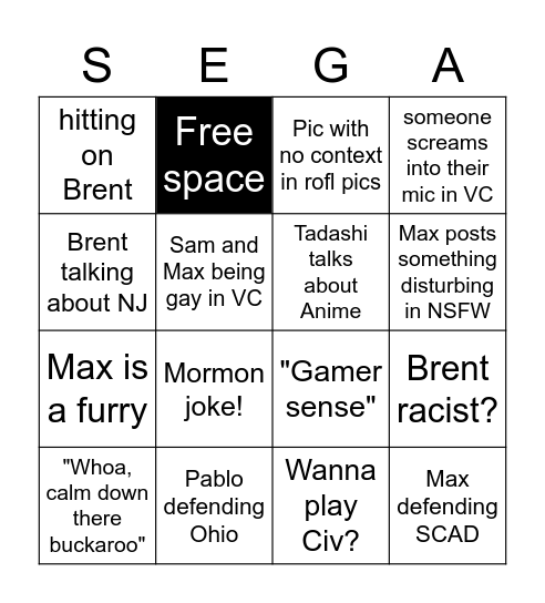 SEGA Stuff BINGO Card