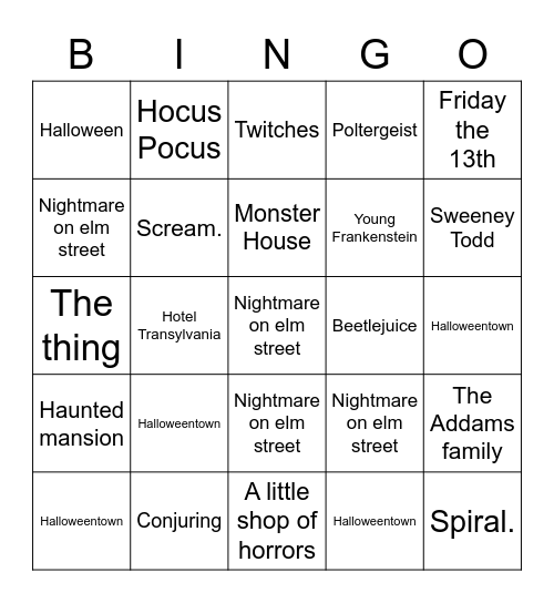 Horror Movie Bingo Card