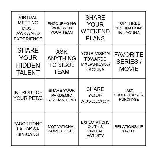 SIBOL BINGO Card