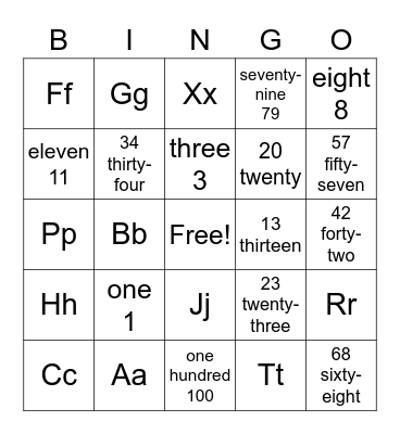 Numbers and Letters Bingo Card