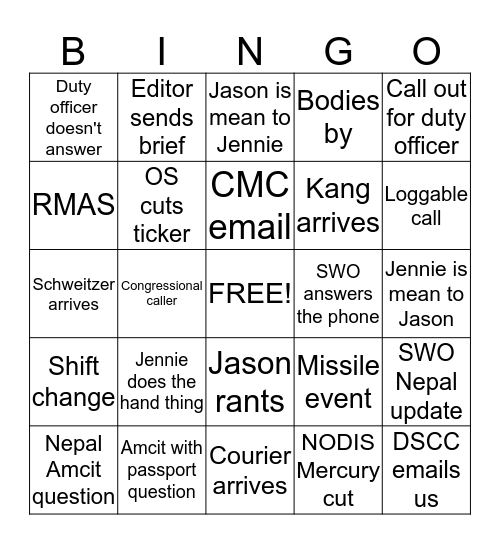 JENNIE'S SHIFT OF GLORY Bingo Card