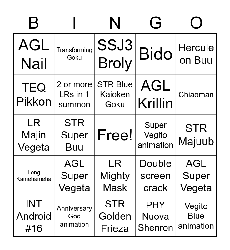 Dokkan Summon Bingo Card