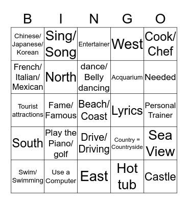 Unit 5: Things to see and do Bingo Card