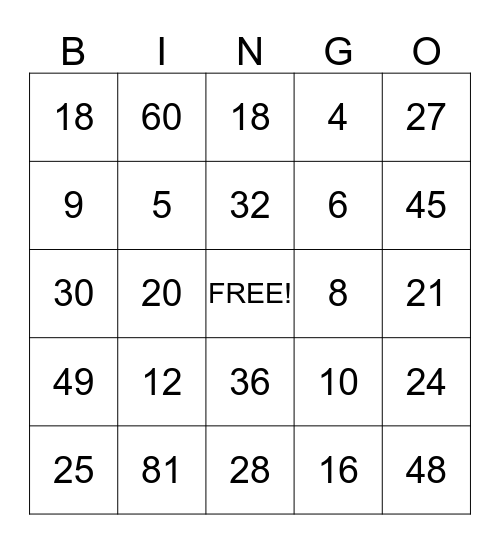 Multiplication Bingo Card