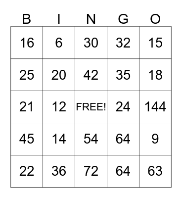 Multiplication Bingo Card