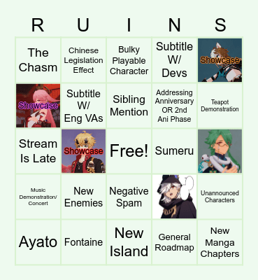 Genshin 2.2 Special Program Bingo Card