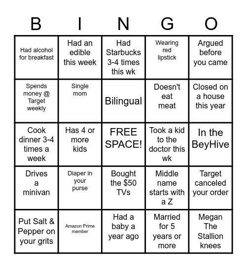 Mommy's Night Out - BINGO Card