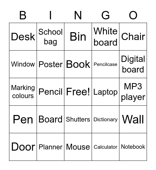 Classroom objects Bingo Card