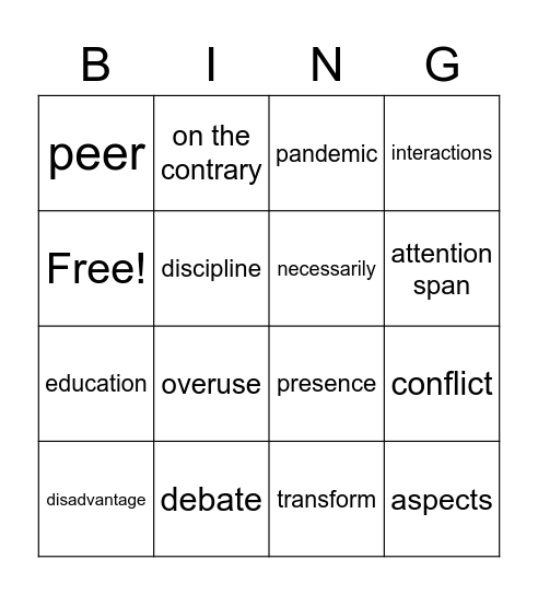 Social Media/Tech Vocabulary Bingo Card