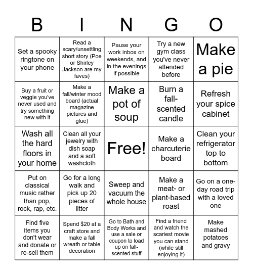 Fall Self-Care Bingo Card
